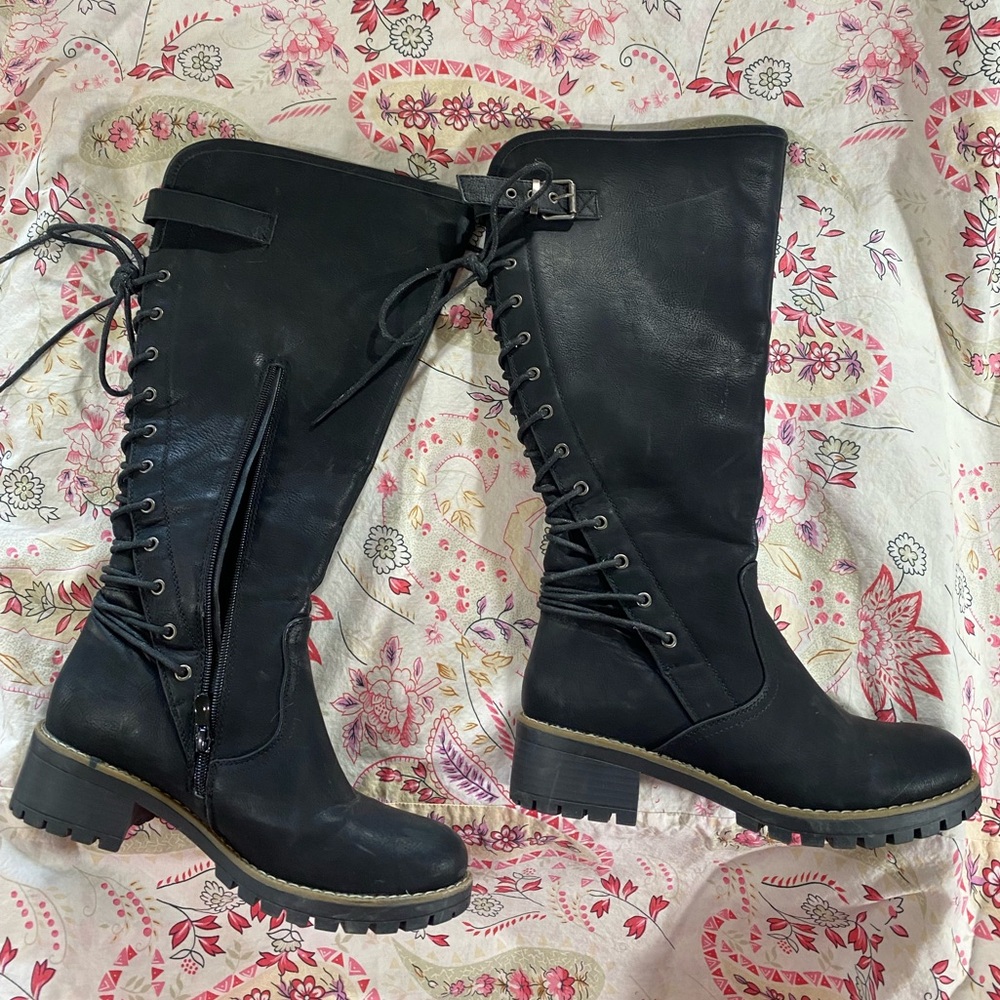 Black Lace-Up Knee-High Boots